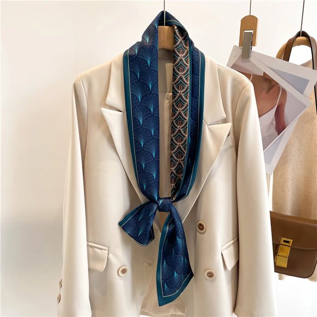 2023 Headscarves Skinny Scrunchies Double Layer Satin Hair Ribbon Scarf Women Fashion Headband Scarf Neck Tie Wrist Wrap Ladies