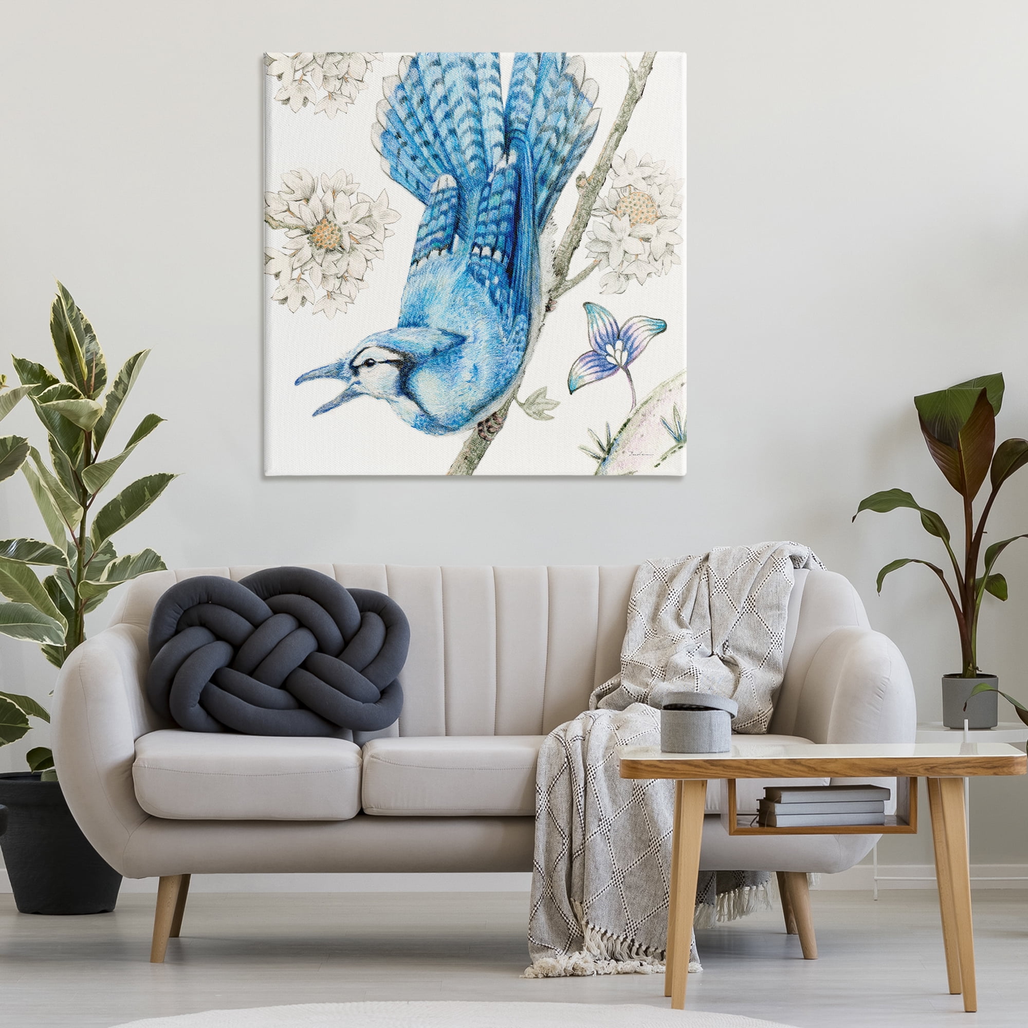 Stupell Industries Blue Jay Perched Florals Animals Painting Wrapped Canvas Art Print Wall Art, 36 x 36