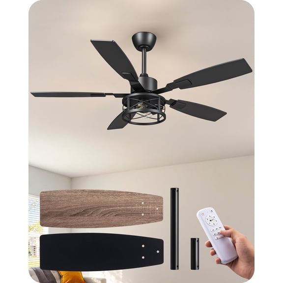 EDISHINE Farmhouse Black Ceiling Fan with Light and Remote Control, 5 Wood Blades, Rustic Farmhouse Ceiling Fan with Light for Living Room, Bedroom, Wet Rated