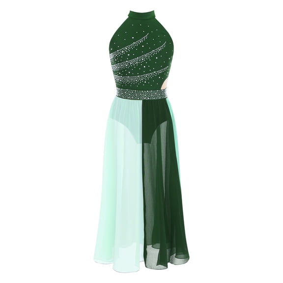 Xnihocha Kids Girls Lyrical Ballet Leotard Dresses Chiffon Flowy Maxi Tutu Skirt Ballerina Dance Dress Green 12