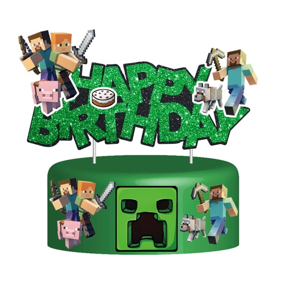Pixel Miner Styled Cake Decorations, Mine Cartoon Happy Birthday Cake Topper, Video Game Themed Party Supplies for Boys & Girls (Green)