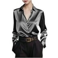thumbnail image 3 of UTSJKR Dressy Striped Satin Blouses for Women Loose Lapel Long Sleeve Button Down Shirts Elegant Office Business Casual Tops Gray L, 3 of 8