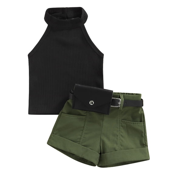 Mevireiy 3 Pcs Toddler Baby Girls Outfits Sleeveless Ribbed Knit Halter Tops Shorts Waist Bag