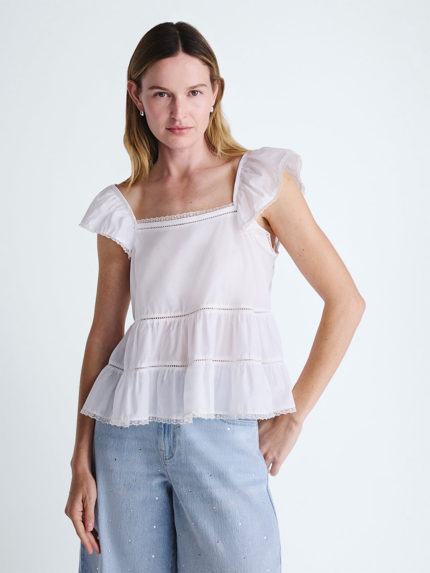 Scoop Women’s Flowy Lace Cotton Top, Sizes XS-XXL