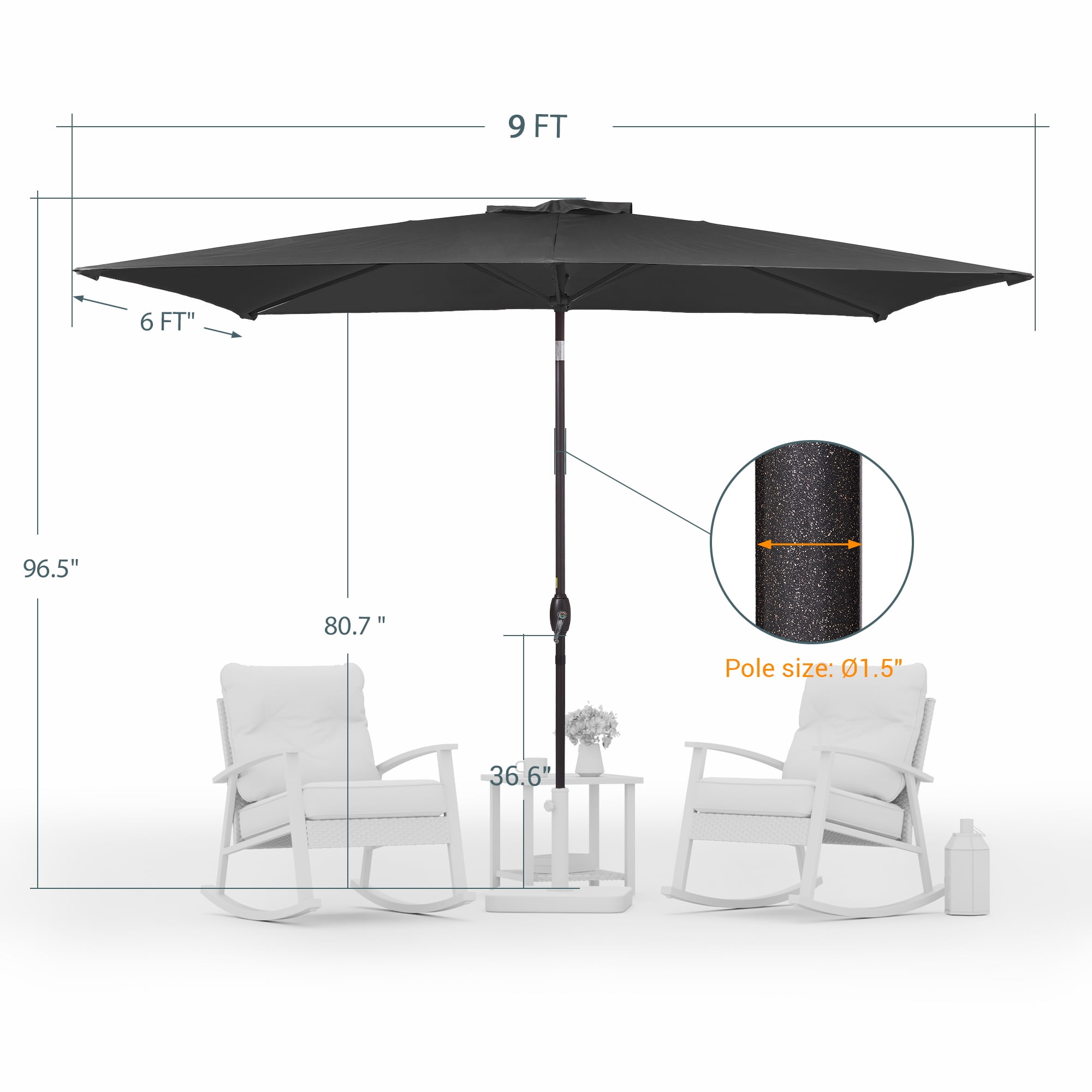 ACEGOSES 6x9ft Outdoor Patio Deck Market Umbrella, Outside Table Umbrellas with Non-Fading Polyester canopy,Black