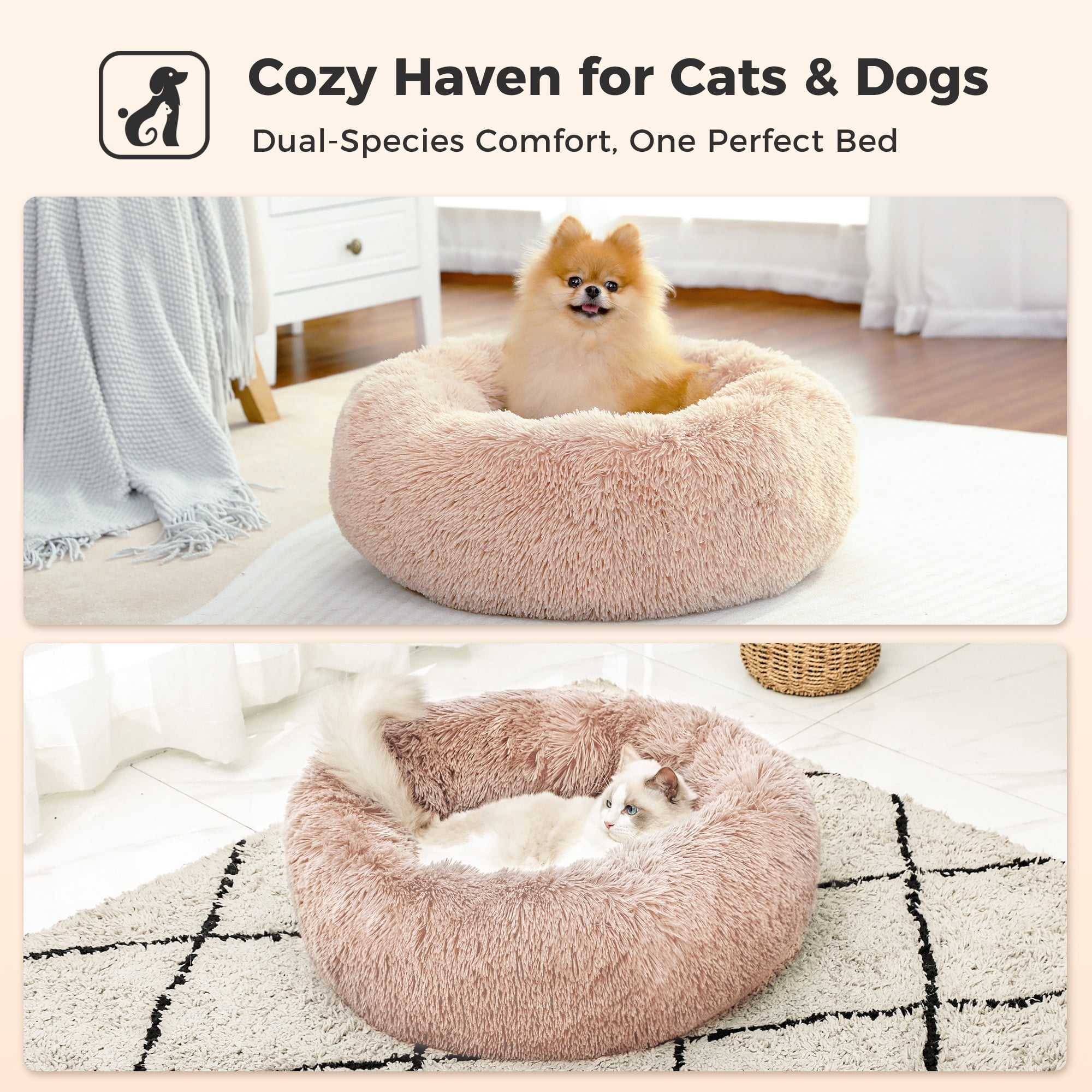 PAWZ Road Calming Donut Dog Bed Anti-Anxiety Plush Pillow Round Puppy Cat Bed 35" for Pets Up to 100lbs,Beige