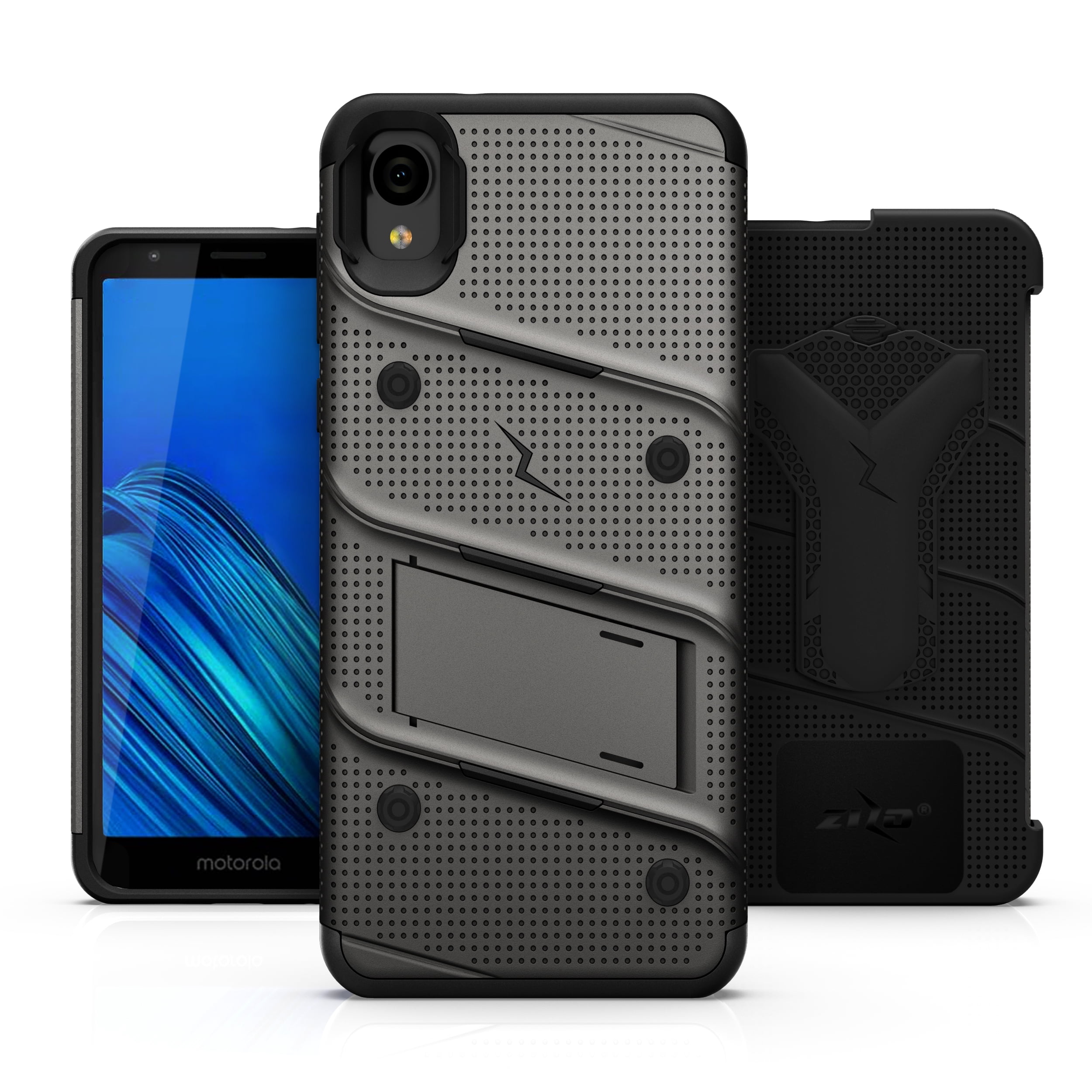 ZIZO BOLT Series Motorola Moto E6 Case | Heavy-duty Military-grade Drop Protection w/ Kickstand Included Belt Clip Holster Tempered Glass Lanyard (Metal Gray/Black)