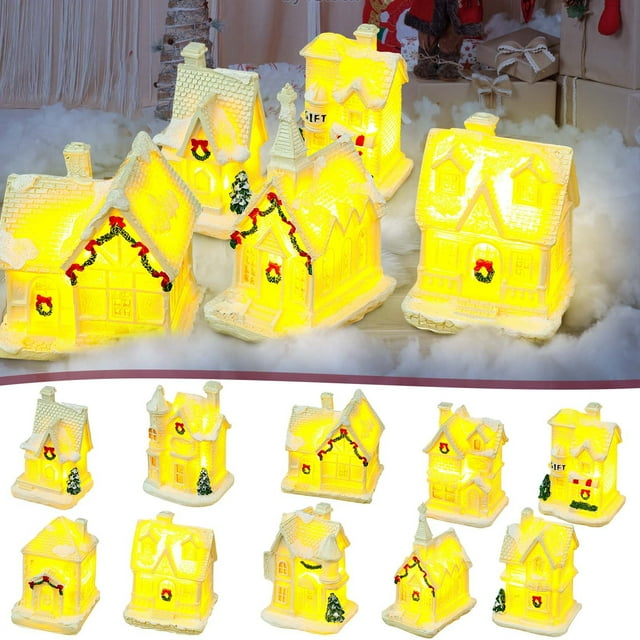 Sentmoon Desktop Decoration Christmas Winter Village Houses Set LED Lighted DIY Christmas Doll Figurines Christmas Miniature Resin Ornament Kits Christmas Cedar Bare Branch Tree Lamp