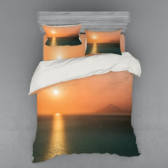 Ambesonne Nautical Bedding Set 4 Pcs, Sunrise over Ocean, Queen, Orange Blue