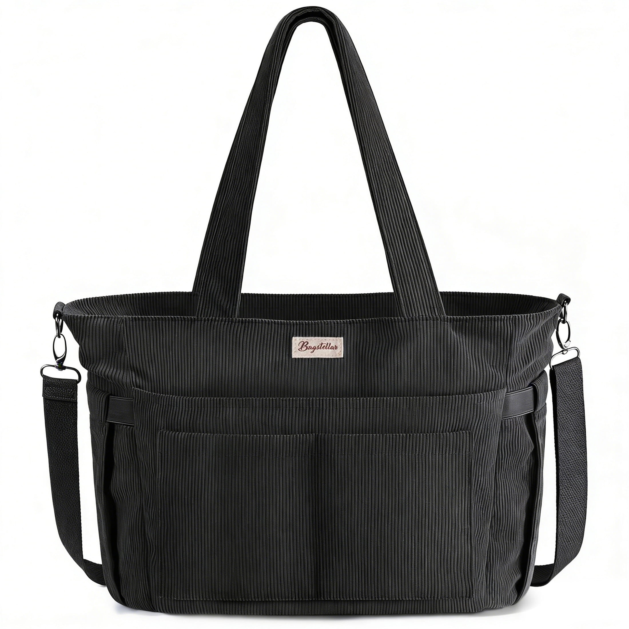 Corduroy Tote Bag for Women, Lightweight Work Laptop Tote Purse With 17 Pockets, Crossbody Shoulder Handbag for School Work Travel Gym, Black