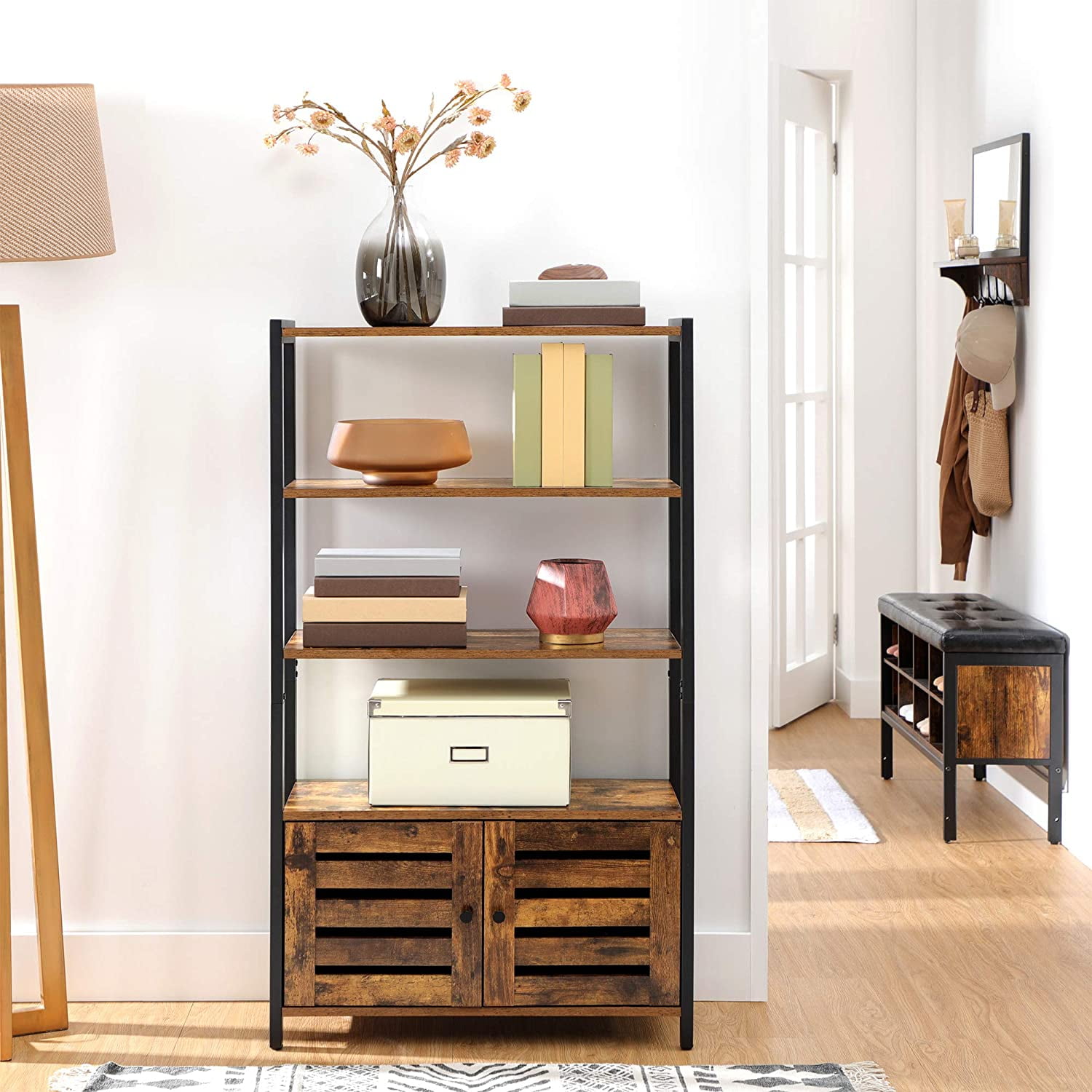 Private Jungle Bookshelf, Storage Cabinet with 3 Shelves and 2 Doors, Industrial Bookcase Rustic Brown Private Jungle Bookshelf, Storage Cabinet with 3 Shelves and 2 Doors, Industrial Bookcase Rustic Brown