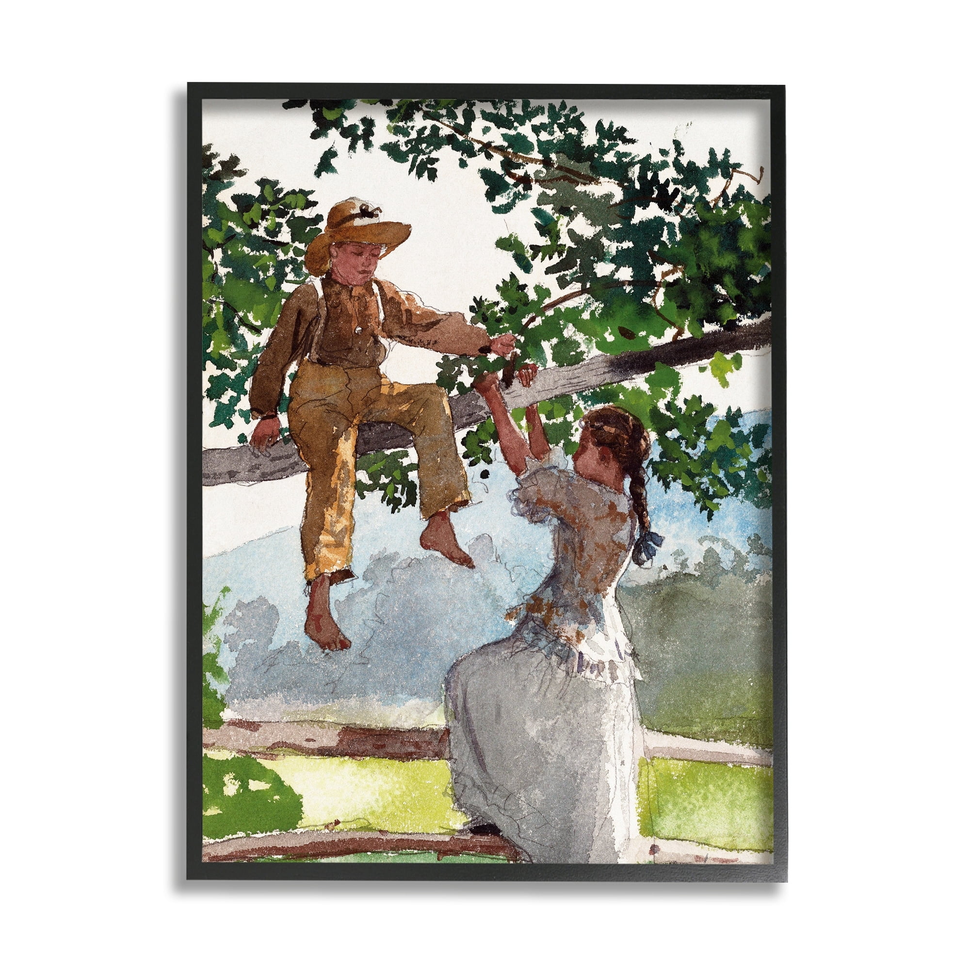 Stupell Industries Children Playing Climbing Tree Traditional Clothing Painting Black Framed Art Print Wall Art, Design by Lettered and Lined