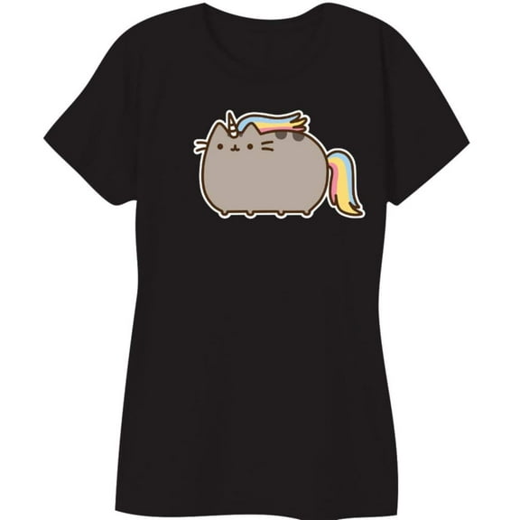 Pusheen The Cat Rainbow Unicorn Juniors Tee-Black (Large)