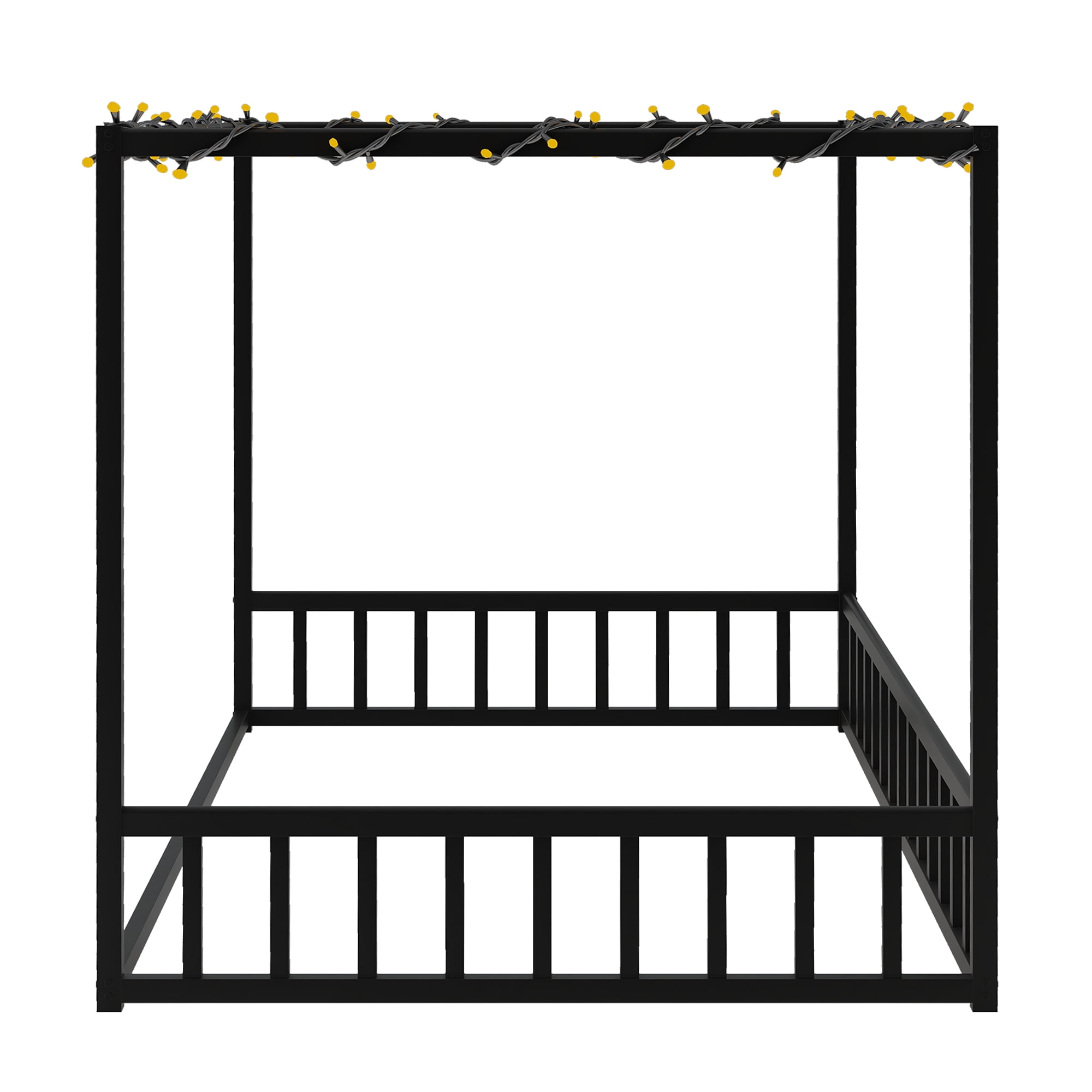 Mintazer Full Size Kids Sunshade Floor Bed Frame with Guardrails, Canopy Floor Bed for Low Profile, Black