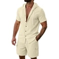 thumbnail image 2 of Two Piece Summer Button Front Set for Men Short Sleeve Hooded Top and Elastic Waist Shorts Outdoor Plans Relaxed Travel Vacation Khaki 3XL, 2 of 5