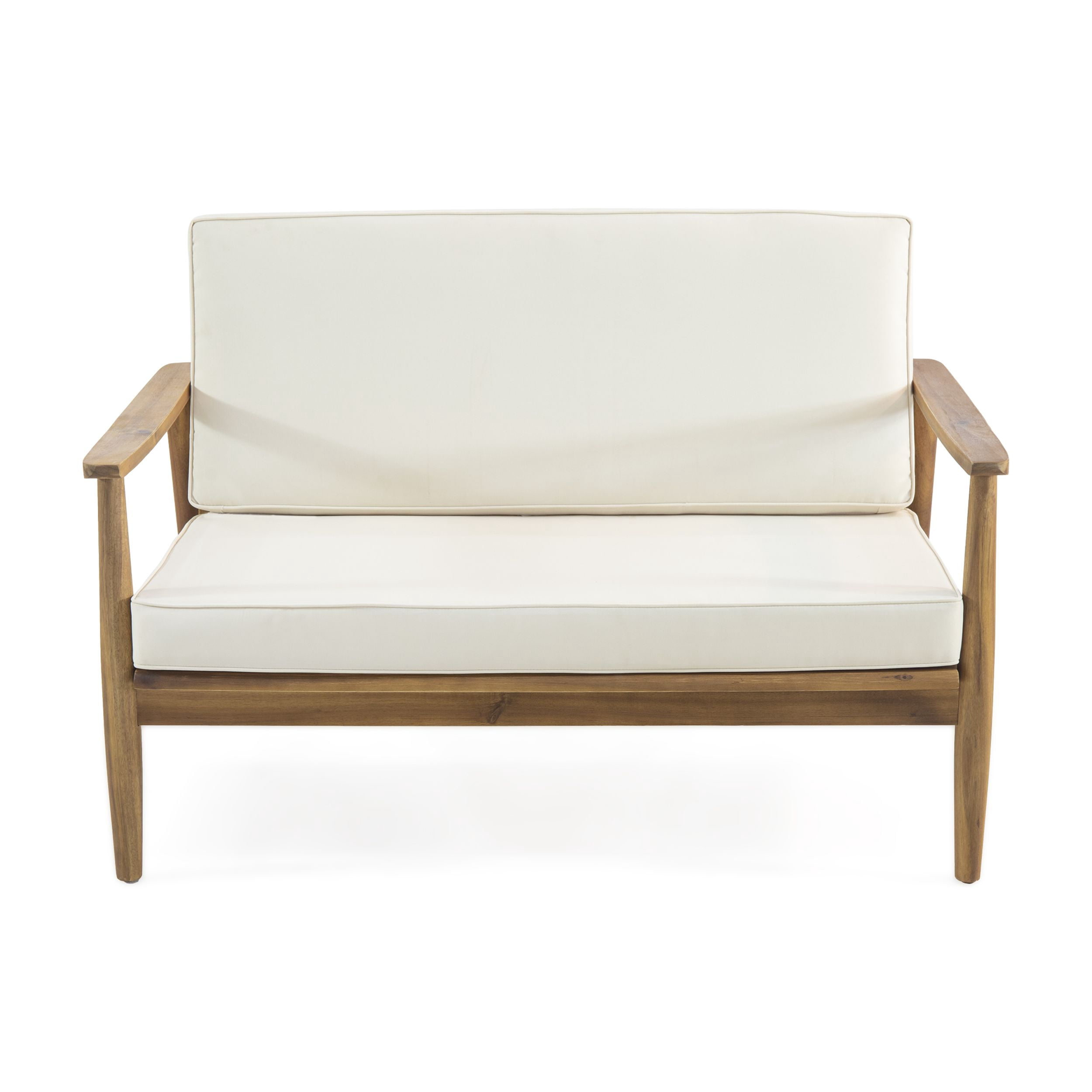 Outdoor Double Sofa and Coffee Table Leisure Combination Set, Acacia Wood Conversation Furniture for Patio Garden, Teak and Beige