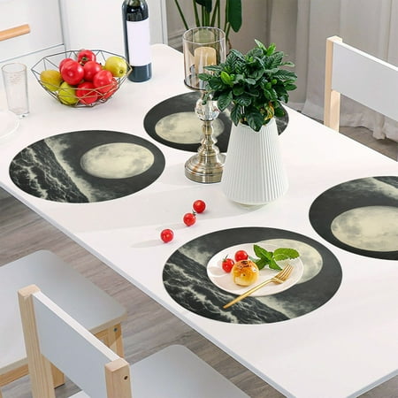 

Round Grid Placemat One Sizex4 Round Placemat PVC Plate Mat，15.4 Inch Non-Slip and Heat Resistant Table Placemat Dining Room Placemat Sea Moon Pattern