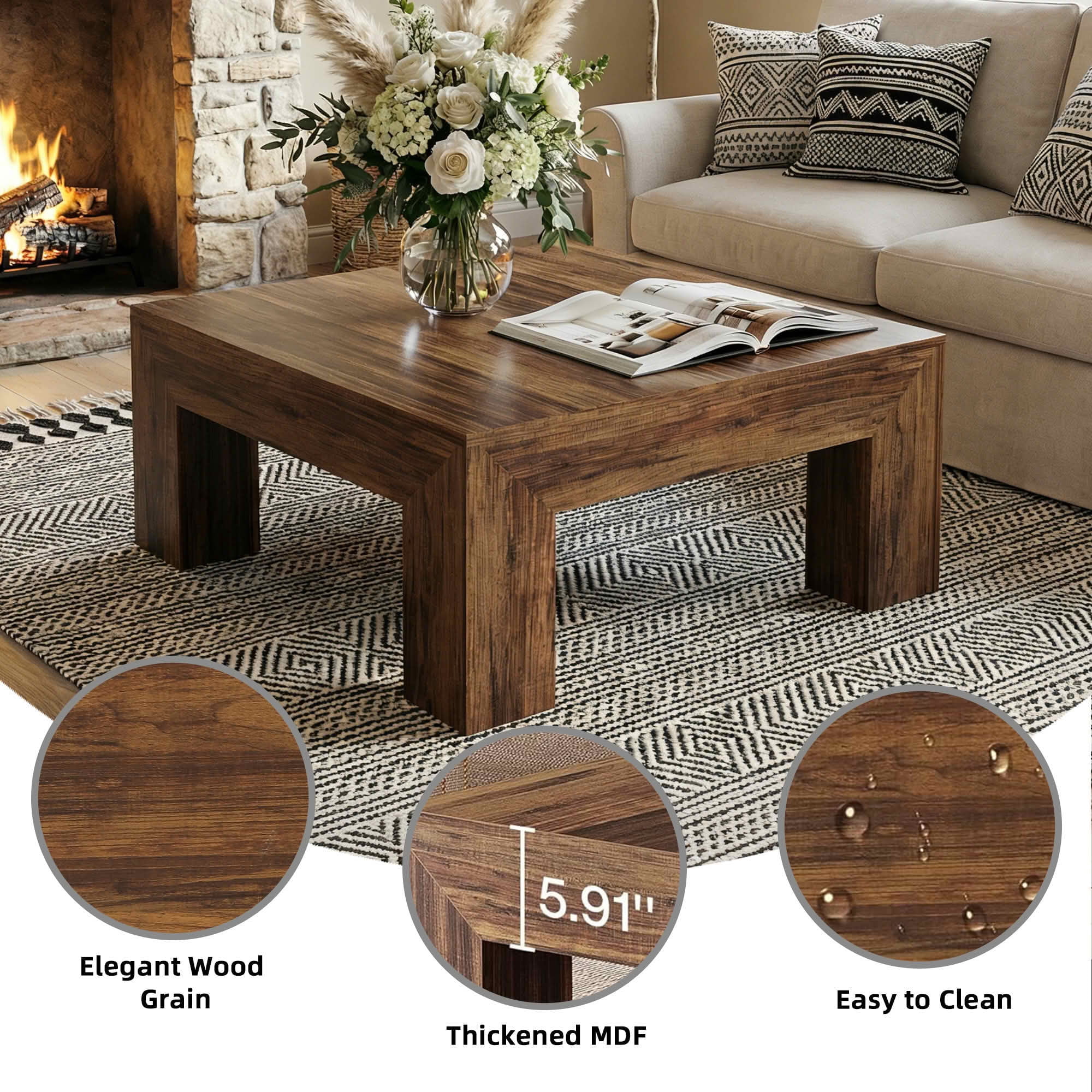 MAYEETY 39 Inch Farmhouse Square Wooden Coffee Table Living Room Center Table