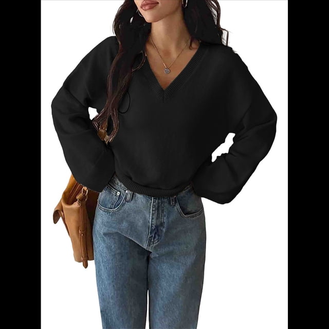 Suéter de Larga de Otoño para Mujer, Cuello en V, Informal, Ligero, de Punto Negro L