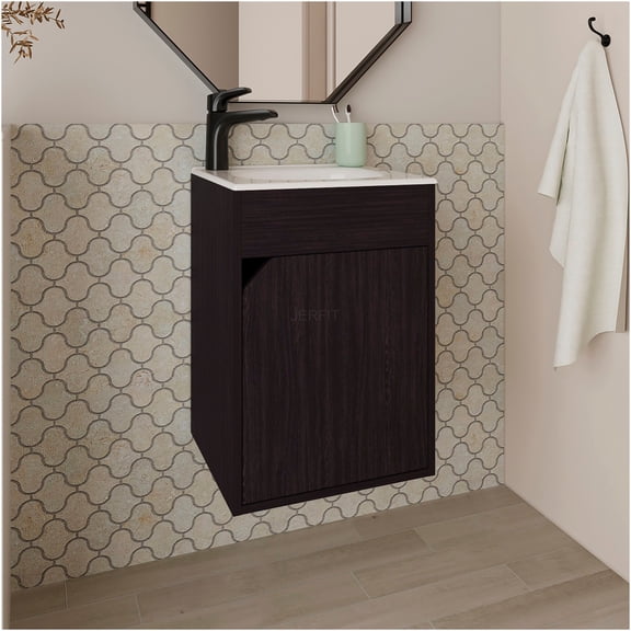 JERFIT Wall Mount Bathroom Vanity with Soft Close Door, 26" Floating Modern Sink Cabinet in Wenge Finish