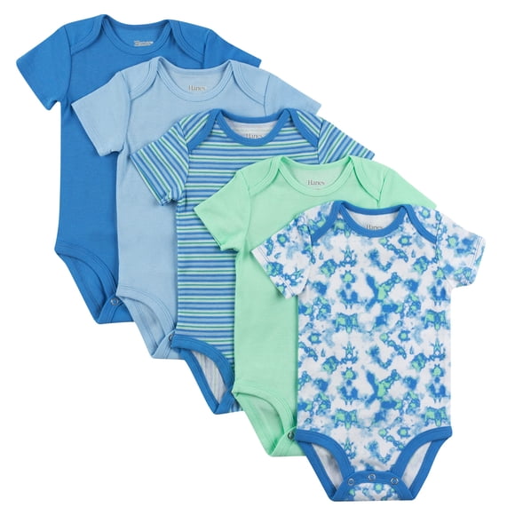 Hanes Body para bebé, manga corta Ultimate Flexy para niños y niñas, paquete de 5, Azul/Verde, 0-6 Meses