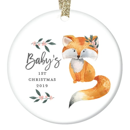 Baby Fox Ornament, Girl Baby's First Christmas 2019, Fox Baby Shower Gifts Newborn Present for New Parents Mom Dad Present Ceramic 3