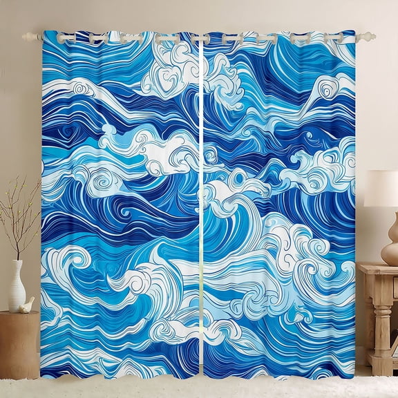 Castle Fairy Japanese Style Black Out Curtains,Ocean Waves Curtains Pack of 2 (42x63 Each)