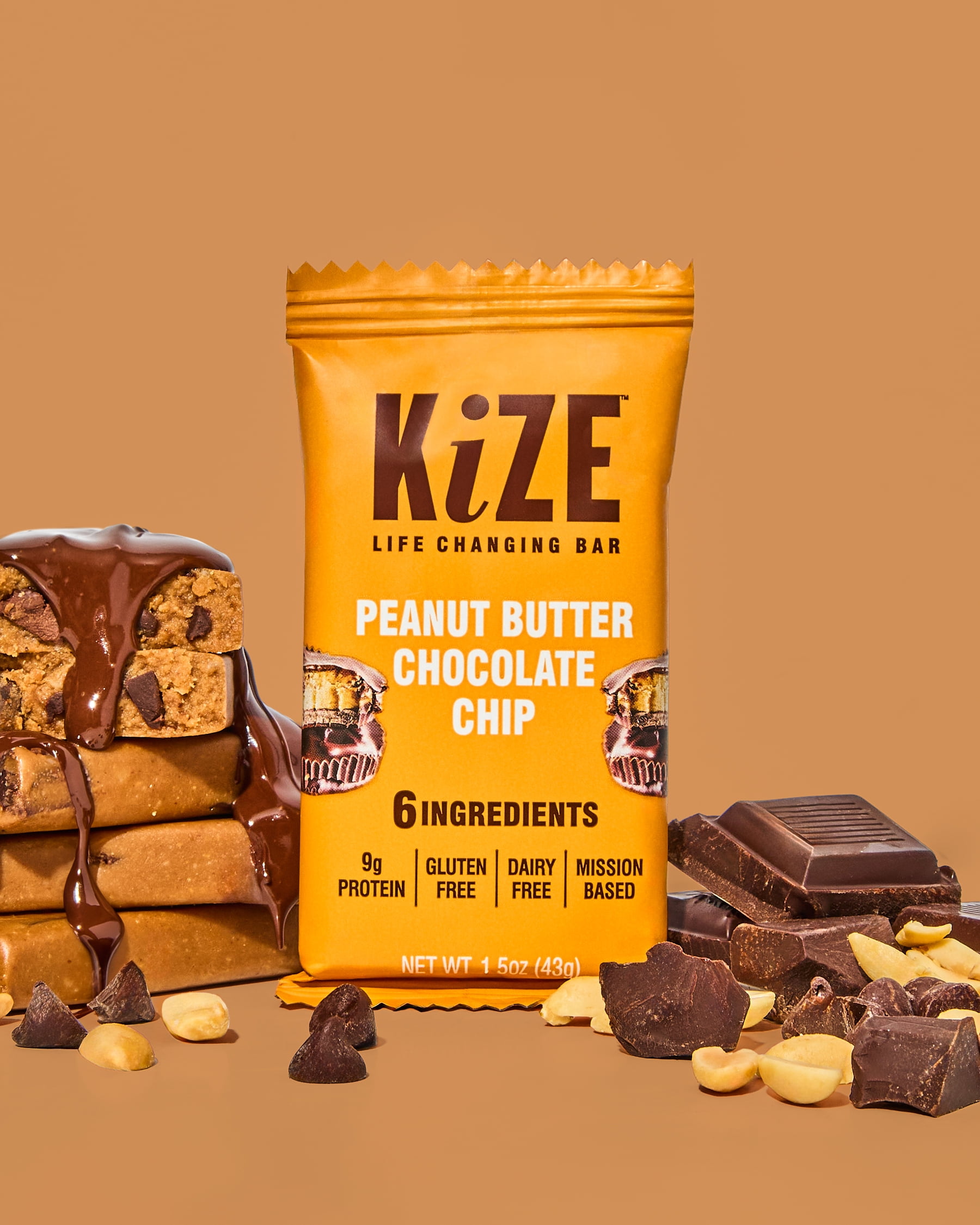 KiZE Life Changing Bar, Peanut Butter Chocolate Chip, 6 ingredients, Dairy Free, Gluten Free, 1.5oz Bar (10 count)