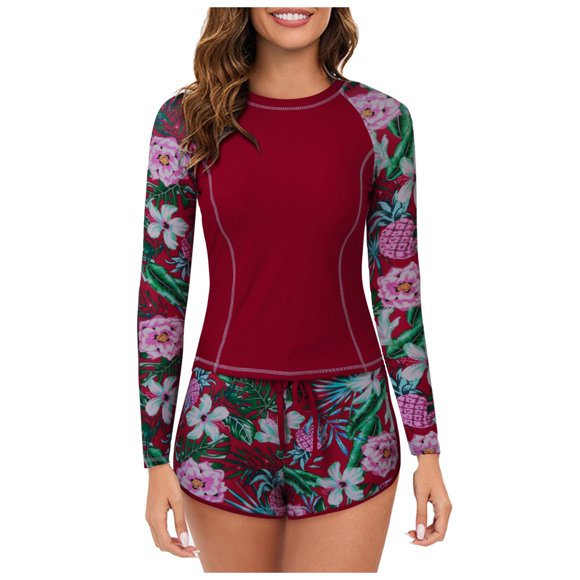 Kcodviy Women 2 Piece Long Womens Guards Long Sleeve Swimsuit Sleeve Rash Guard with Guards for Built in Bra Swimsuits Long Sleeve Guard Upf 50+ Swim Shirt Women's Guard Shirts with Boyshort Bottom
