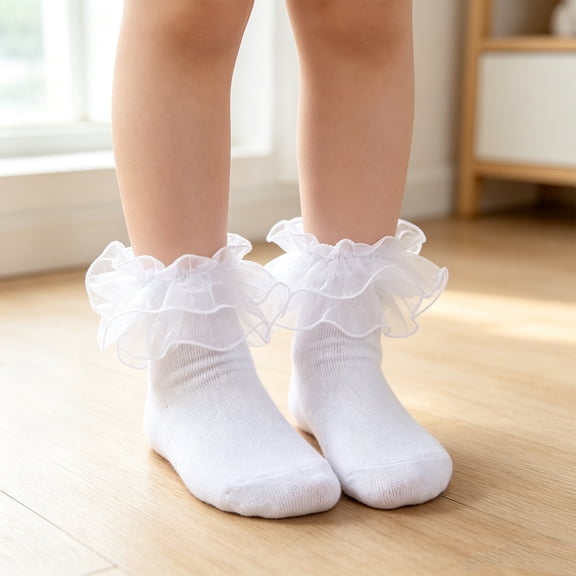 Lumtrix Girls Ruffle Socks Toddler Double Lace Frilly Socks Dress Socks Sock For Little Kids White XS