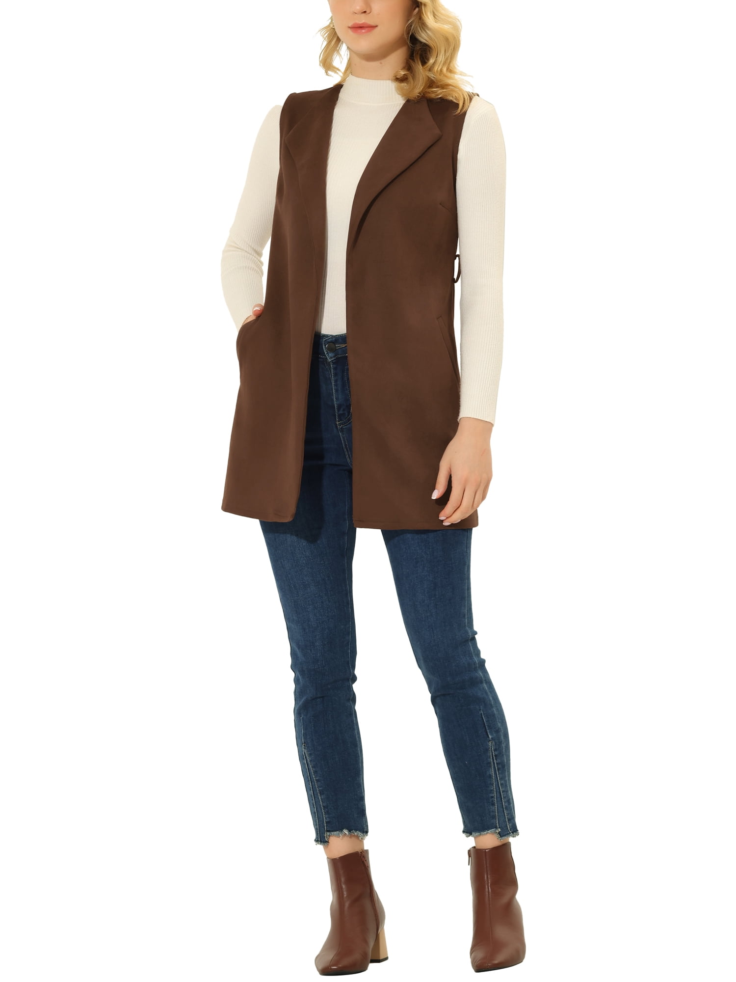 DARING DIVA Women's Suede Lapel Collar Tie Waist Blazer Jackets XL Brown