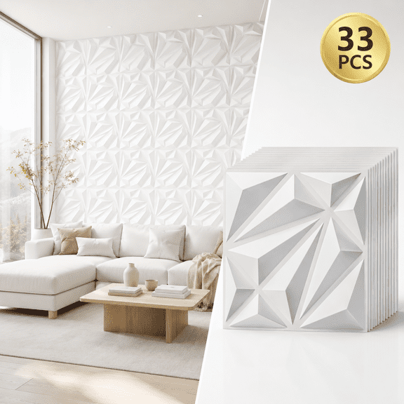 Yeslife 33-Pack White PVC 3D Wall Panel Set, 11.8"x11.8" Diamond Pattern Accent Wall Covering for Interior Home Décor - Living Room, Bedroom, Office, TV Background