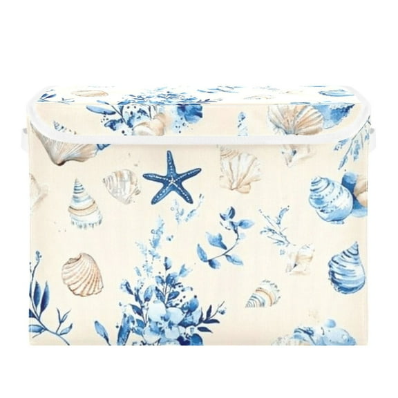 Beach Shell Print Large Storage Bins with Linen Collapsible Lid Storage Box 16.7 x 12.6 x 11.8in