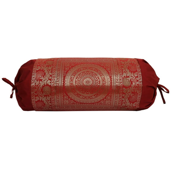 Stylo Culture Indian Polydupion Cylindrical Tubular Bolster Pillow Cover Maroon Jacquard Brocade Border Mandala Large Diwan Cylinder Pillow Cushion Cover (1 Pc) | 30x15 Inches (76x38 cm)