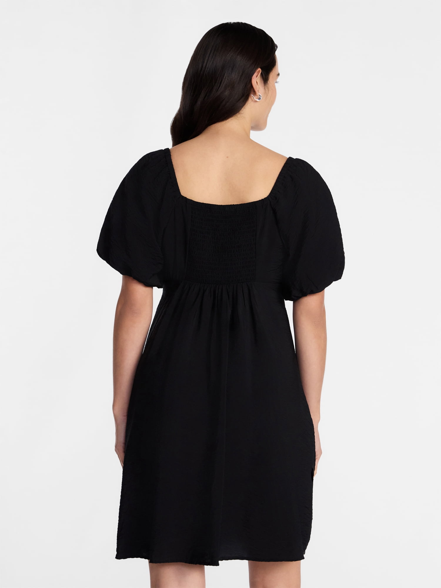 mini black puff sleeve dress Square Neck Puff Sleeve Mini Dress With Pockets