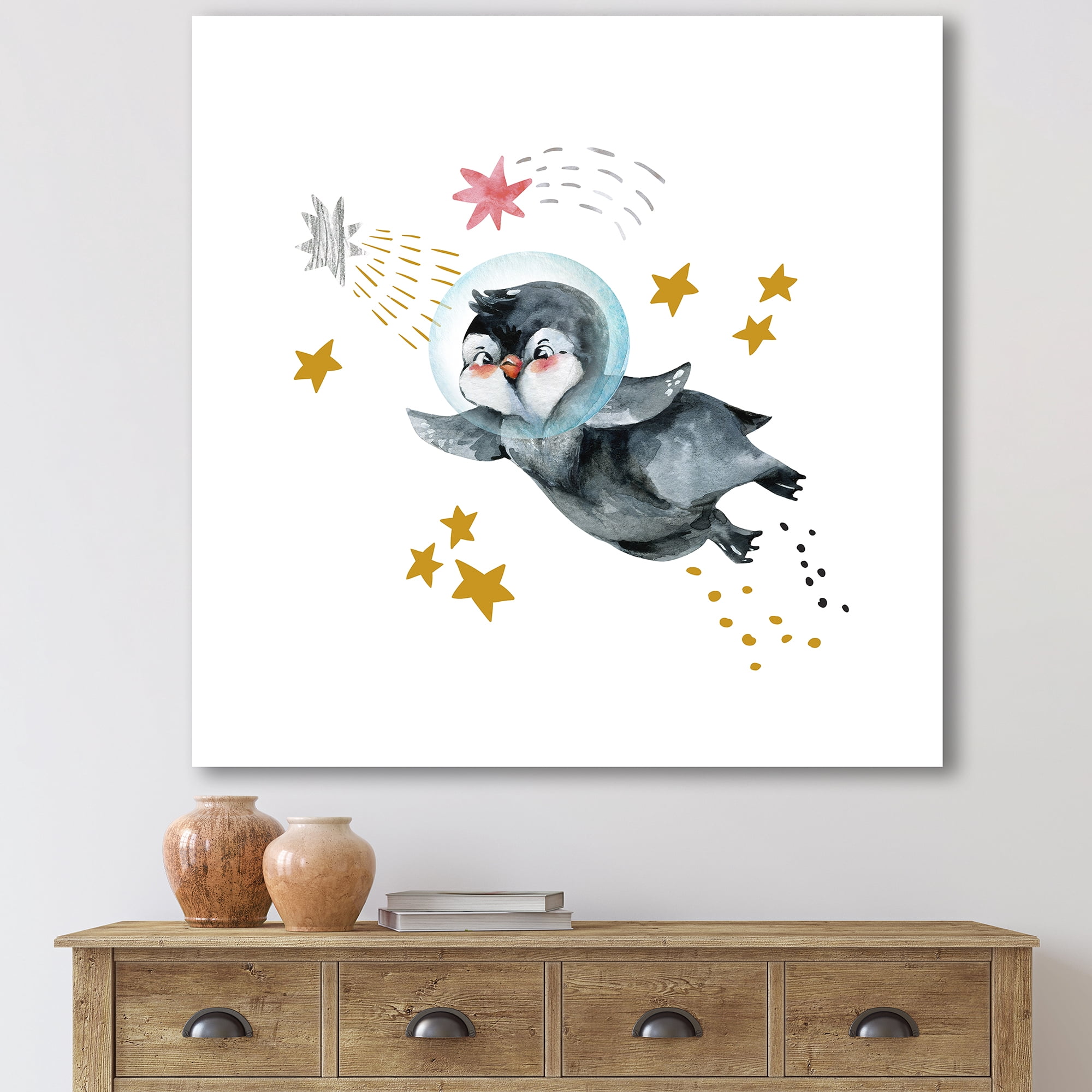 Designart ' Little Penguin Flying Planets and Stars I ' Farmhouse Canvas Wall Art Print