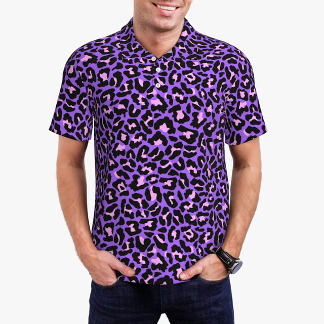 Saiise Purple Leopard Print Mens Golf Shirt Moisture Wicking Quick-Dry Print Performance Polo Shirts for Men-Small