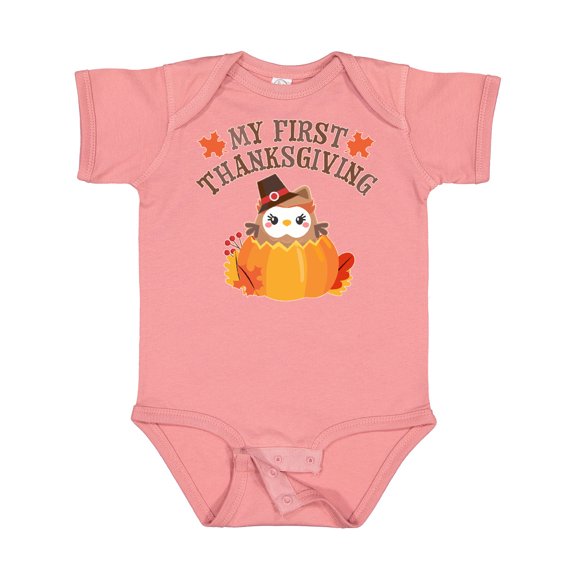 Inktastic My 1st Thanksgiving Cute Owl in Pumpkin Boys or Girls Baby Bodysuit
