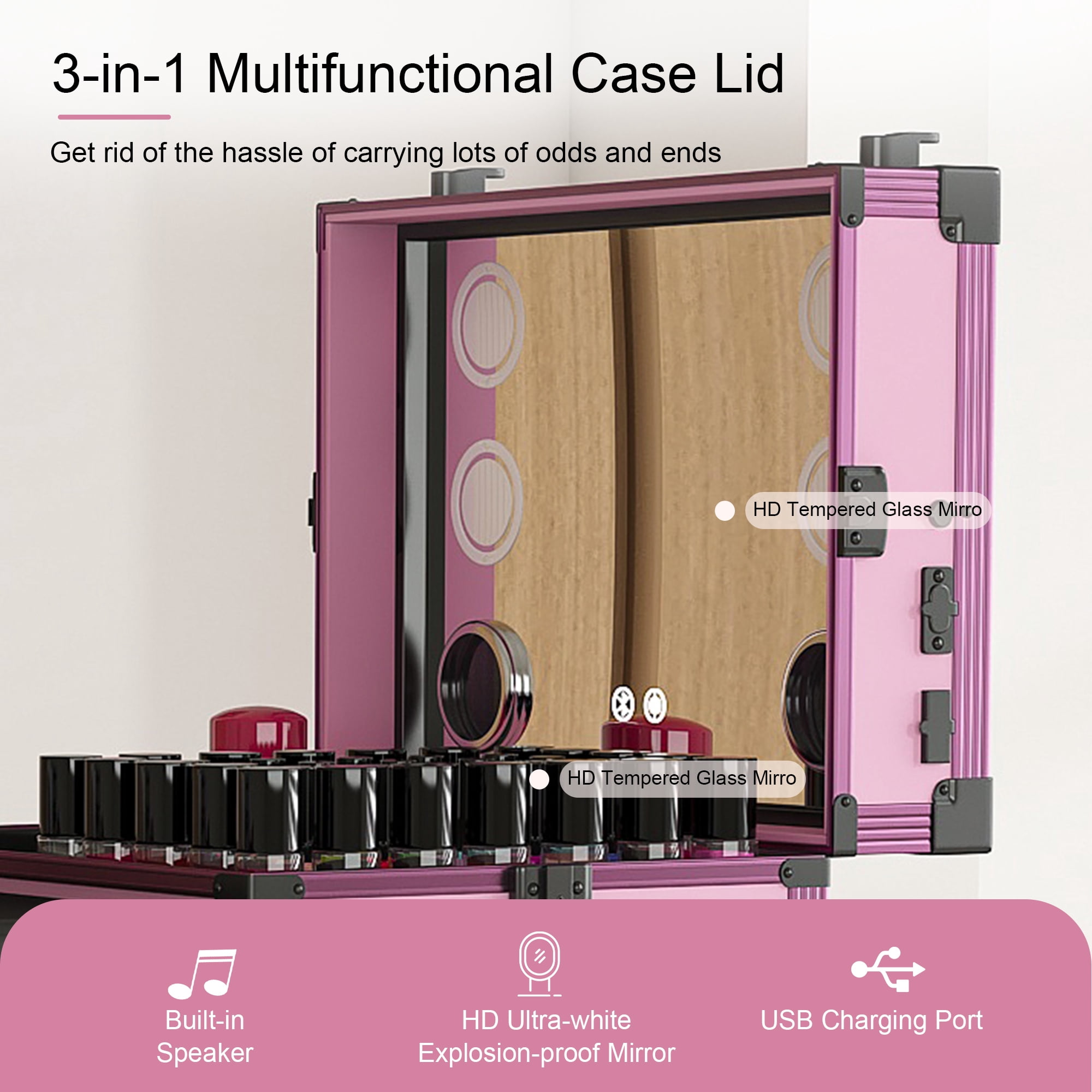 Aukfa Rolling Portable Manicure Table,Folding Nail Table with LED Mirro,Wireless Speaker & Lockable Drawers for Home & Mobile Salon,Pink