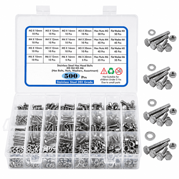 MARVYC Hex Bolts Nuts Washers Assortment Kit 202 Stainless Steel 500 Pcs M3 M4 M5 M6