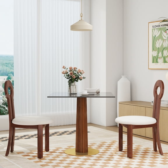 Modern Square Dining Table, 33.5" Tempered Glass Table with Wooden Leg & Gold Base, 2 - Person Kitchen Table for Small Space, 150lbs Weight Capacity(Only the Negotiation Table)