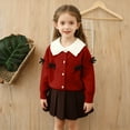 thumbnail image 1 of Conjuntos de blusas y camisas de cuello redondo y manga larga Cárdigan de lazo para niña Conjunto de suéter de punto Cárdigan para niña Conjunto de dos piezas Top y falda Top de poliéster para niños, 1 of 6