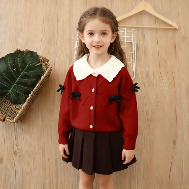 Conjuntos de blusas y camisas de cuello redondo y manga larga Cárdigan de lazo para niña Conjunto de suéter de punto Cárdigan para niña Conjunto de dos piezas Top y falda Top de poliéster para niños