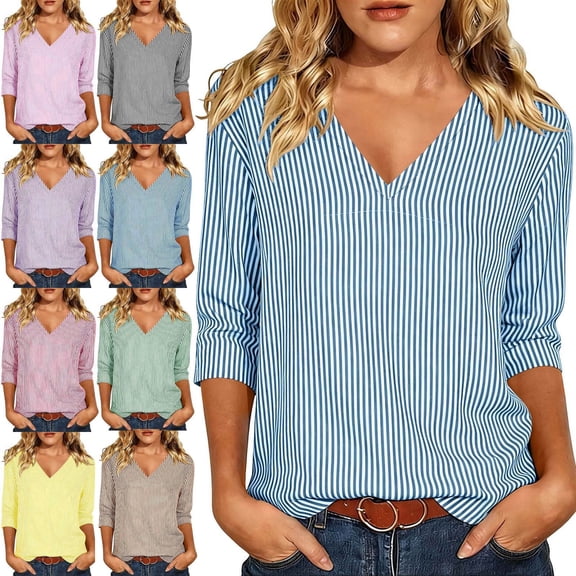 Zysthvn Winter Women's 3/4 Sleeve Tops Casual Lightweight Striped Womens T Shirt Loose Fit V Neck Tops