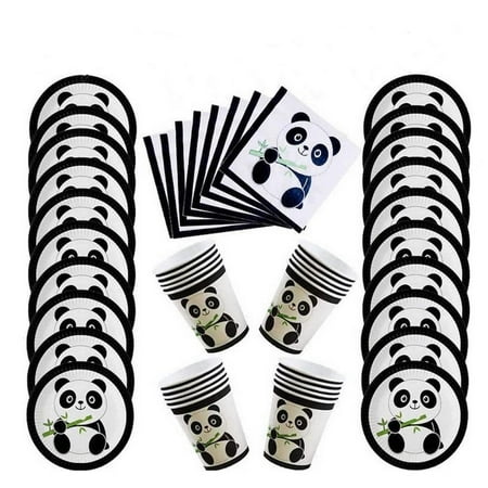 Gespout 50Pcs Panda Party Tableware Panda Party Supplies Children's Birthday Party Kit Paper Plates Napkins Paper Cups Forks Spoon for Birthday Party Decoration