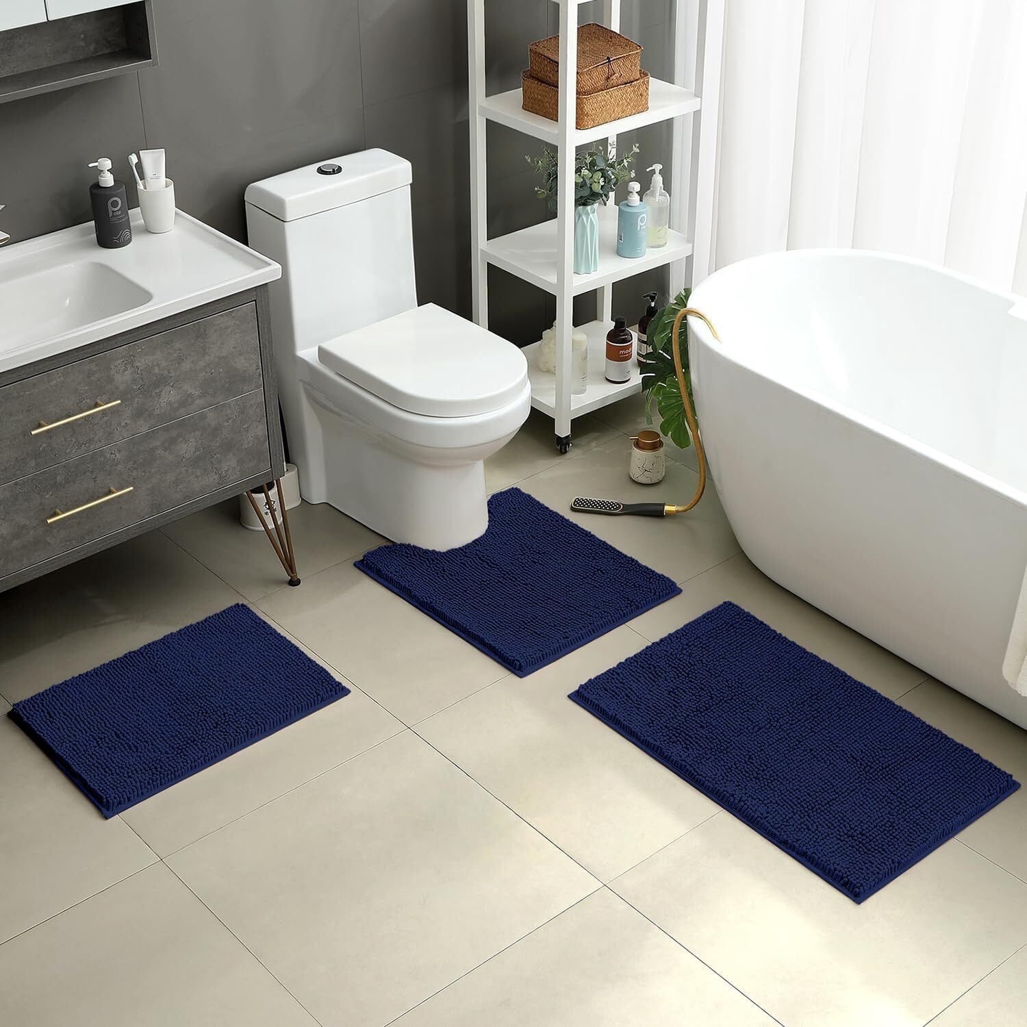 Bathroom Rugs Sets 3 Piece Chenille Bath Rug Non-Slip Bath Mats with Soft Plush PVC Backing Water Absorbent Carpet 1'' Quick Dry Microfiber Toilet Mat, Navy Blue