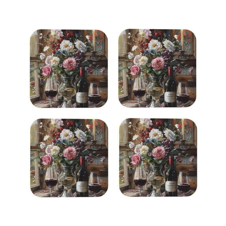

KLL Drink Coasters Set Square of 4 PU Leather Absorbent Coasters Set Decorative Coffee Cup Coasters Housewarming Gift for Home Decor-Romantic Wine Flowers