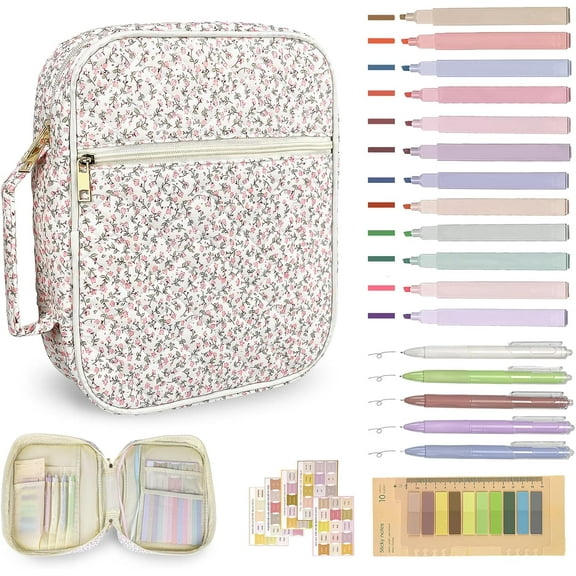 Bible Cover Case for Women,Bible Study Supplies Accessories,Bible Journaling Kit,Pink Flower Carrying Case with Highlighters - Pink Flower