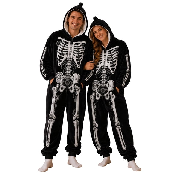 Rove Studio Unisex Couples’ Halloween Skeleton-Print Hooded Onesie, Soft Flannel Full-Zip Jumpsuit – Matching Winter Loungewear Black1 L