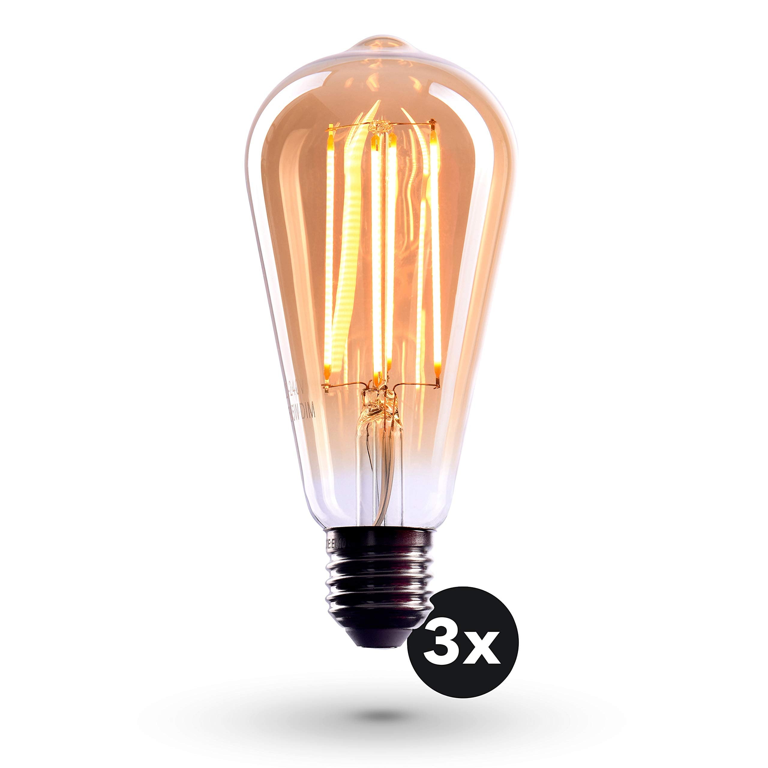 CROWN LED Warm White 3 Piece Pack of 3 Edison Bulbs, E26 Base, Dimmable, 40W Equivalent, 2000K Vintage Filament Lamps